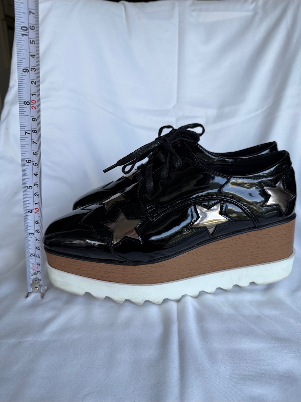 Designer inspired Black Patent Platform Lace-Up Shoes with Star Accents - Picture 8 of 9